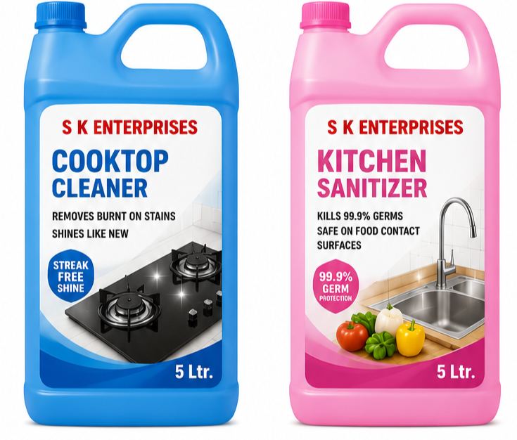 S K Enterprises Cooktop Cleaner and Kitchen Sanitizer 5 litre packs side by side