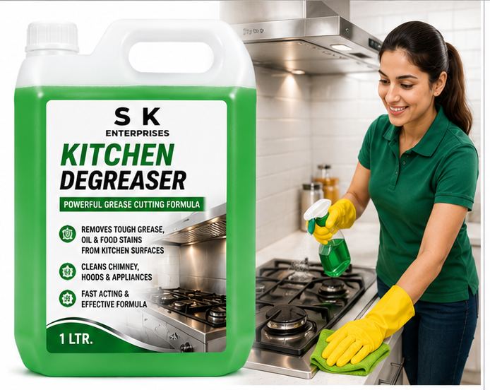 S K Enterprises Kitchen Degreaser spray being used on gas stove