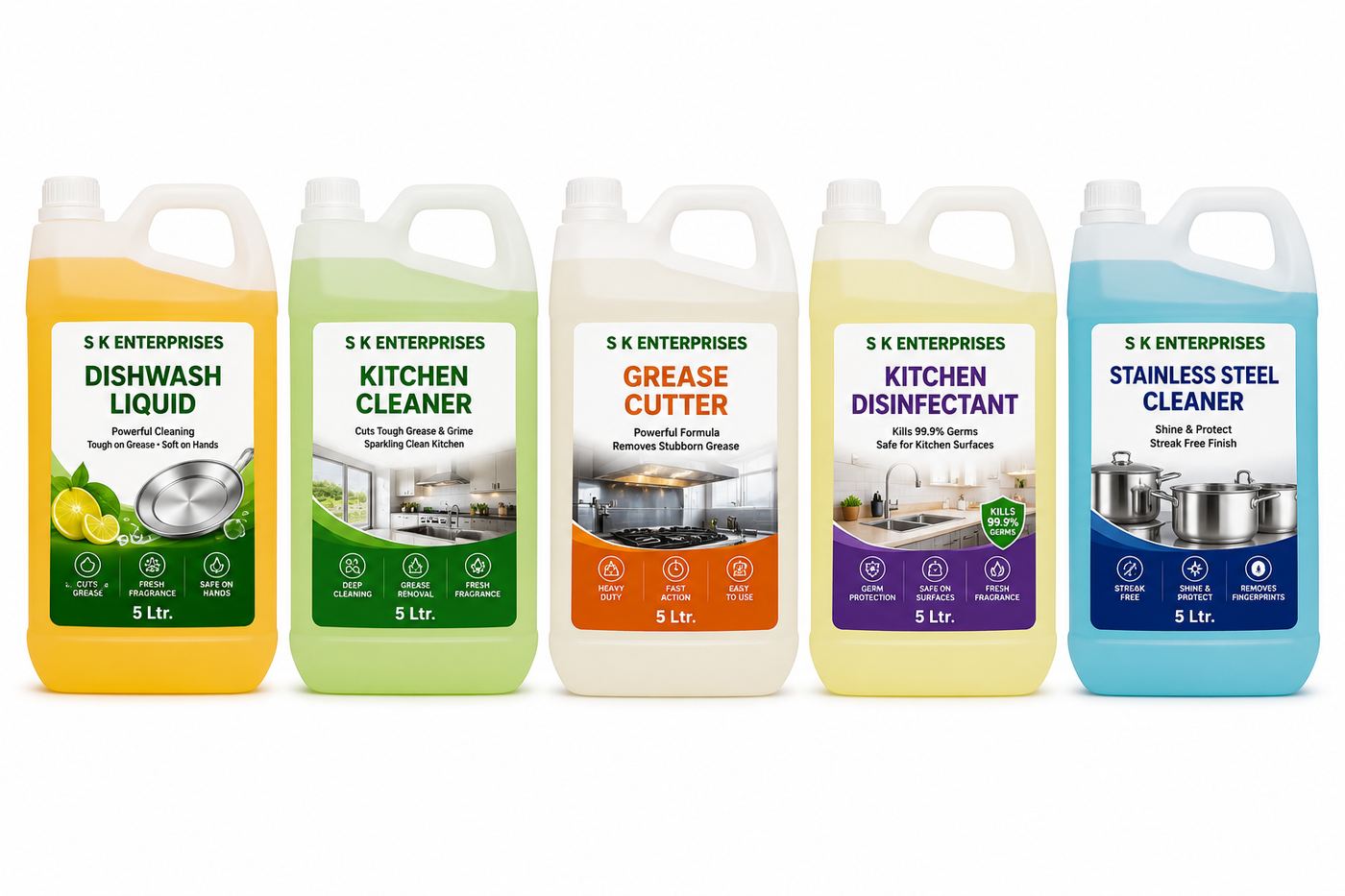 S K Enterprises full kitchen care product range - dishwash liquid, kitchen cleaner, grease cutter, kitchen disinfectant and stainless steel cleaner in 5 litre packs